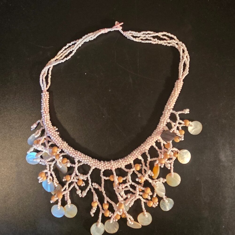 Handmade Beaded Shell Necklace Statement Pendant Mother of Pearl Dangles Pink